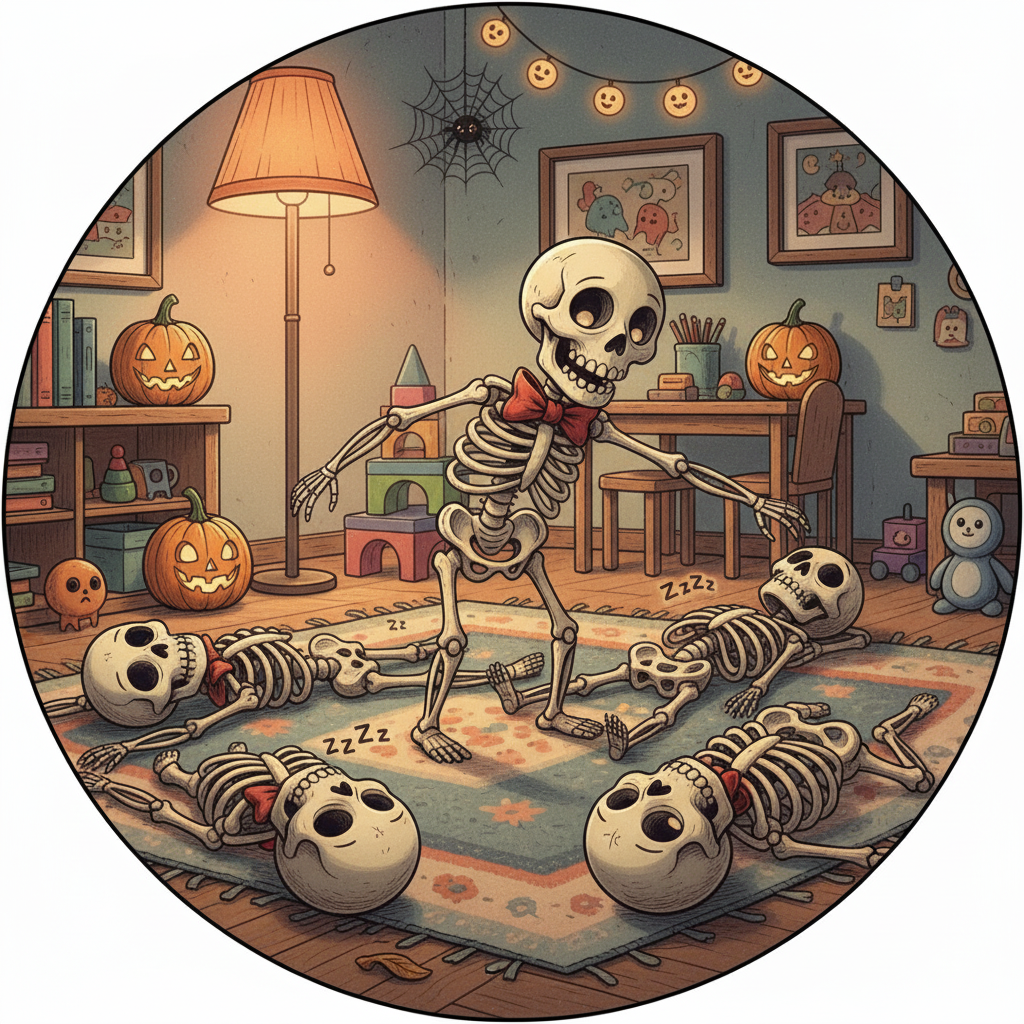 Huesitos, un pequeño esqueleto de juguete con pajarita roja, intenta despertar a sus amigos esqueletos dormilones en una habitación acogedora y decorada para Halloween.