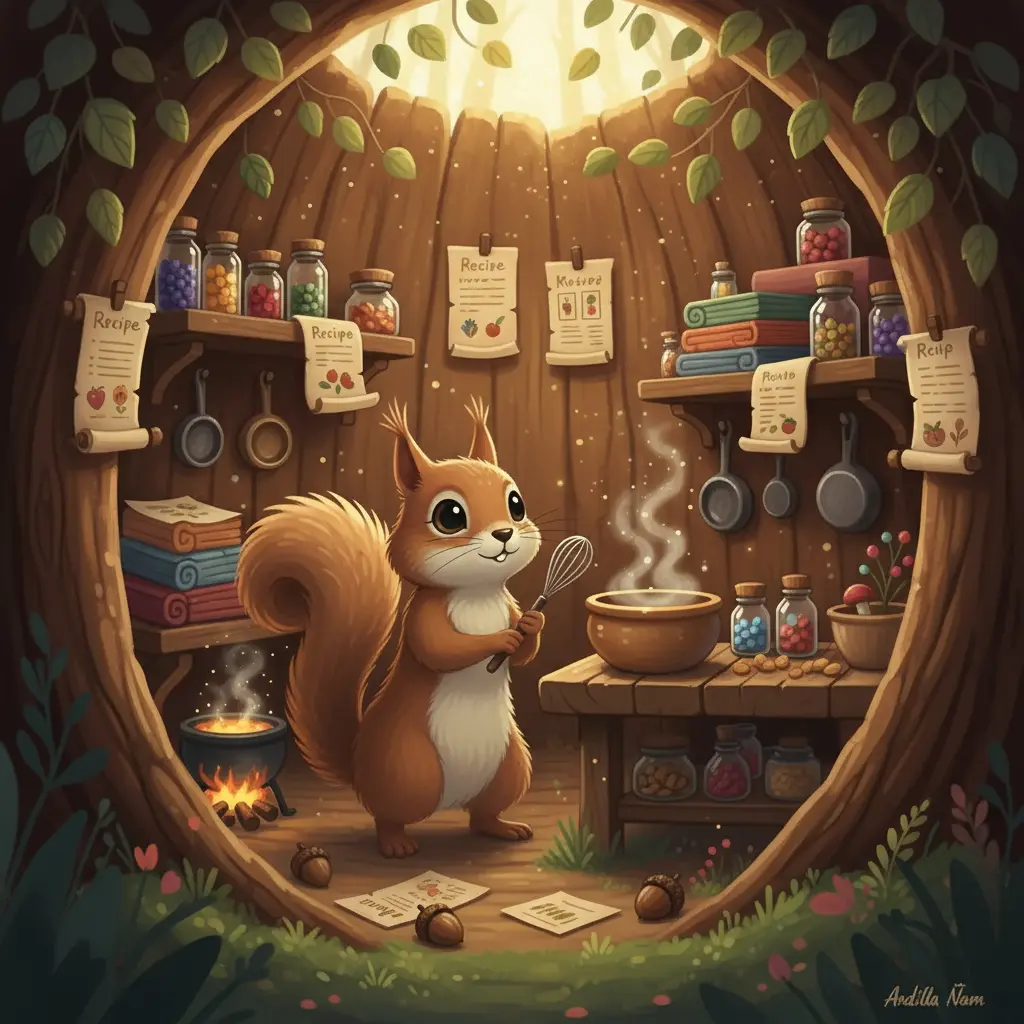 Ardilla Ñam en su cocina del árbol, soñando con recetas.