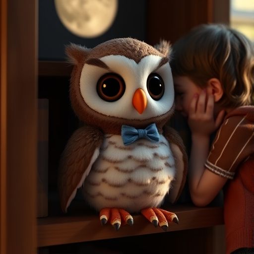 Sabio el búho de peluche escuchando a un niño que le susurra un secreto en un dormitorio oscuro.