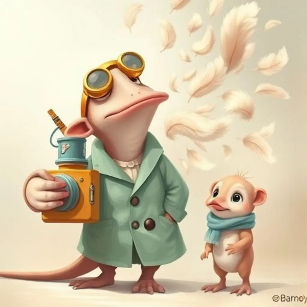 Barnaby el ornitorrinco confundido mientras su máquina lanza plumas, y Pip su sobrino se ríe feliz.