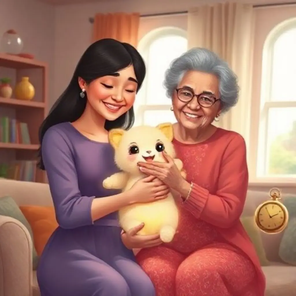 Sofía y su mamá abrazando al osito mágico, con Tic-Tacio observando.