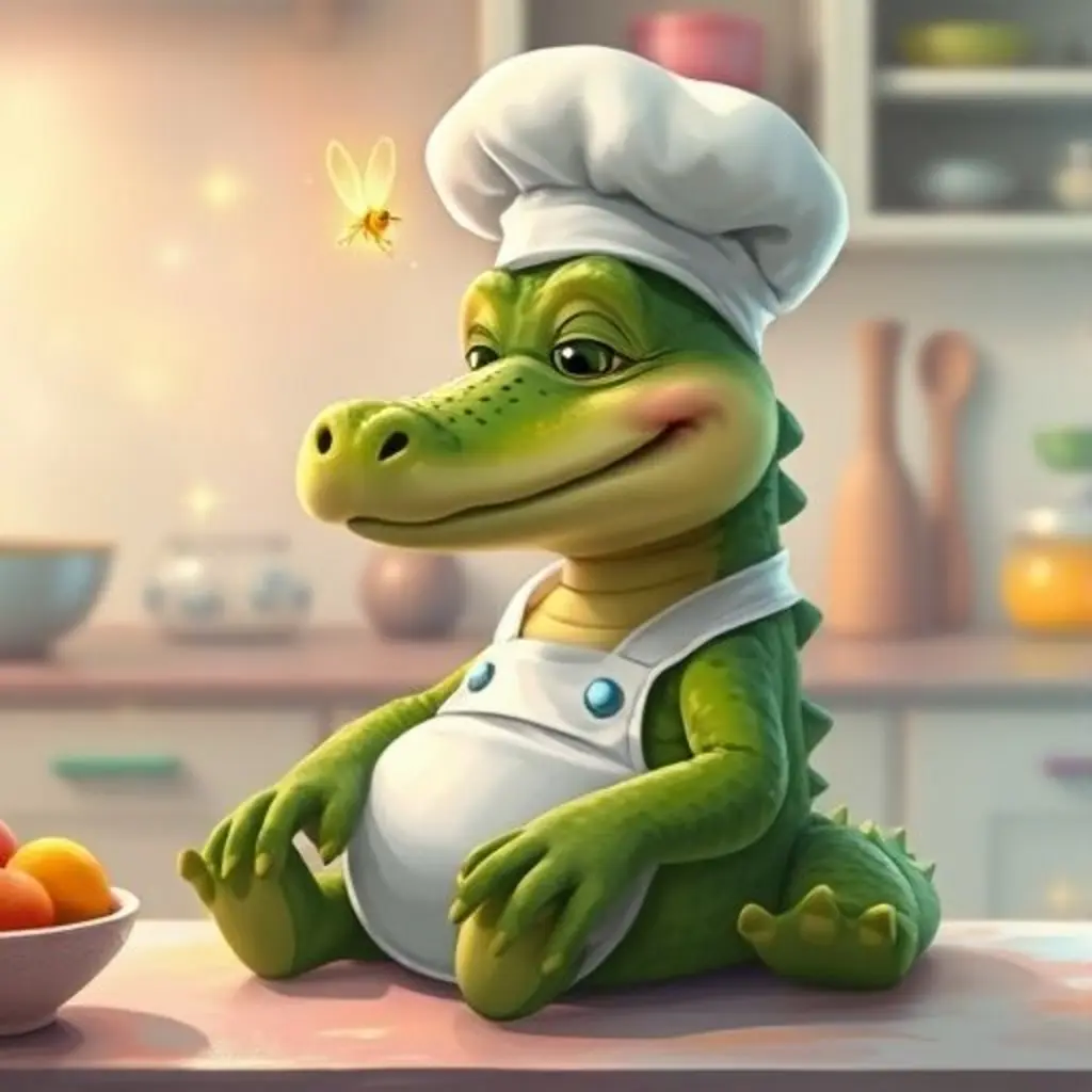 Croc sentado, mientras una luciérnaga mágica le habla al oído.