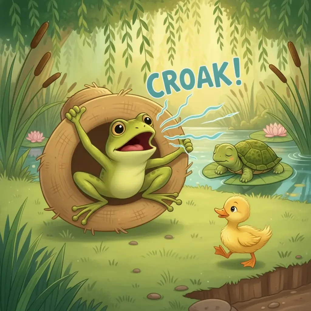 Sapo Saltarín alerta a Patito Pato de un peligro inminente.