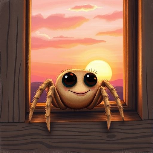 Patitas la araña mira el atardecer desde su ventana.