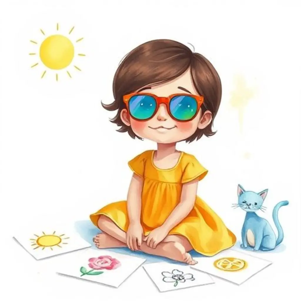 Sofía, con las gafas Visión, rodeada de sus dibujos a color, sonriendo feliz.