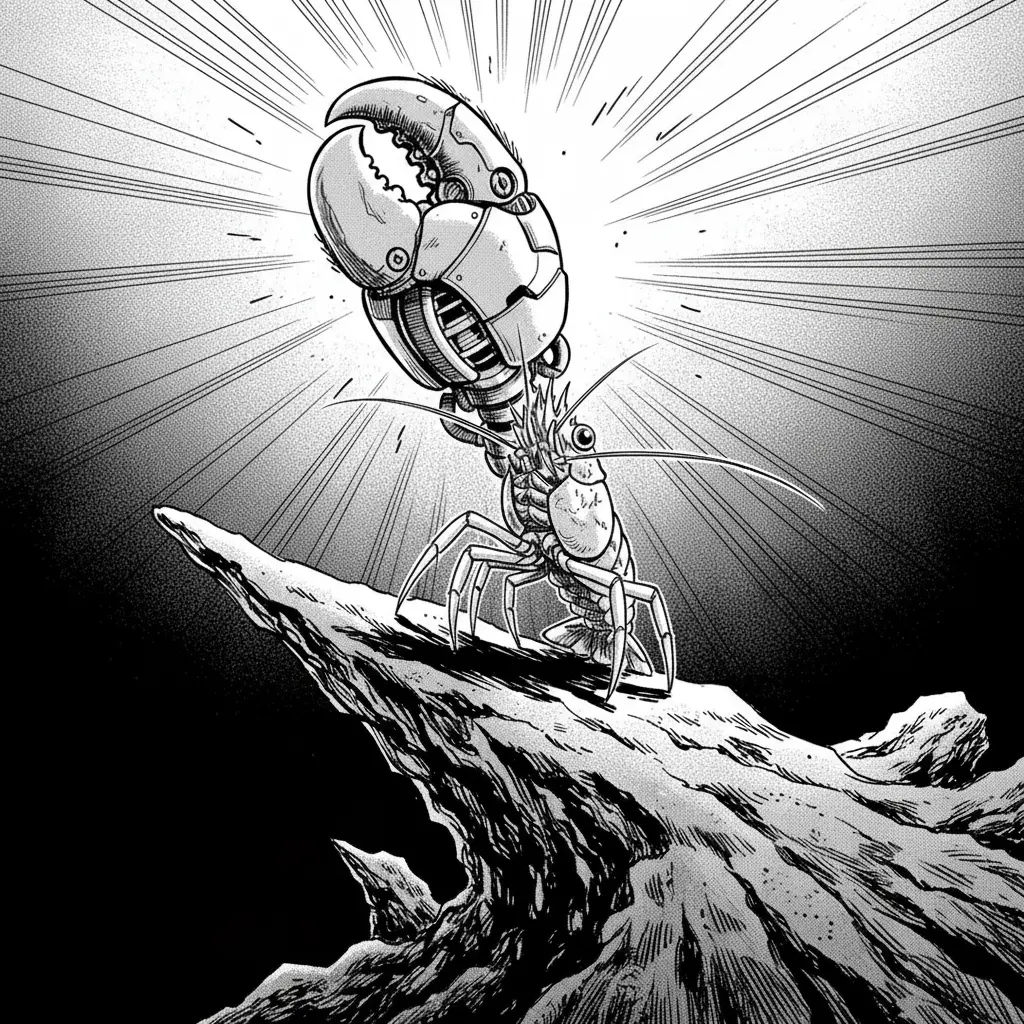 Un camarón saliendo de su escondite, mostrando una pinza gigante que parece un martillo.