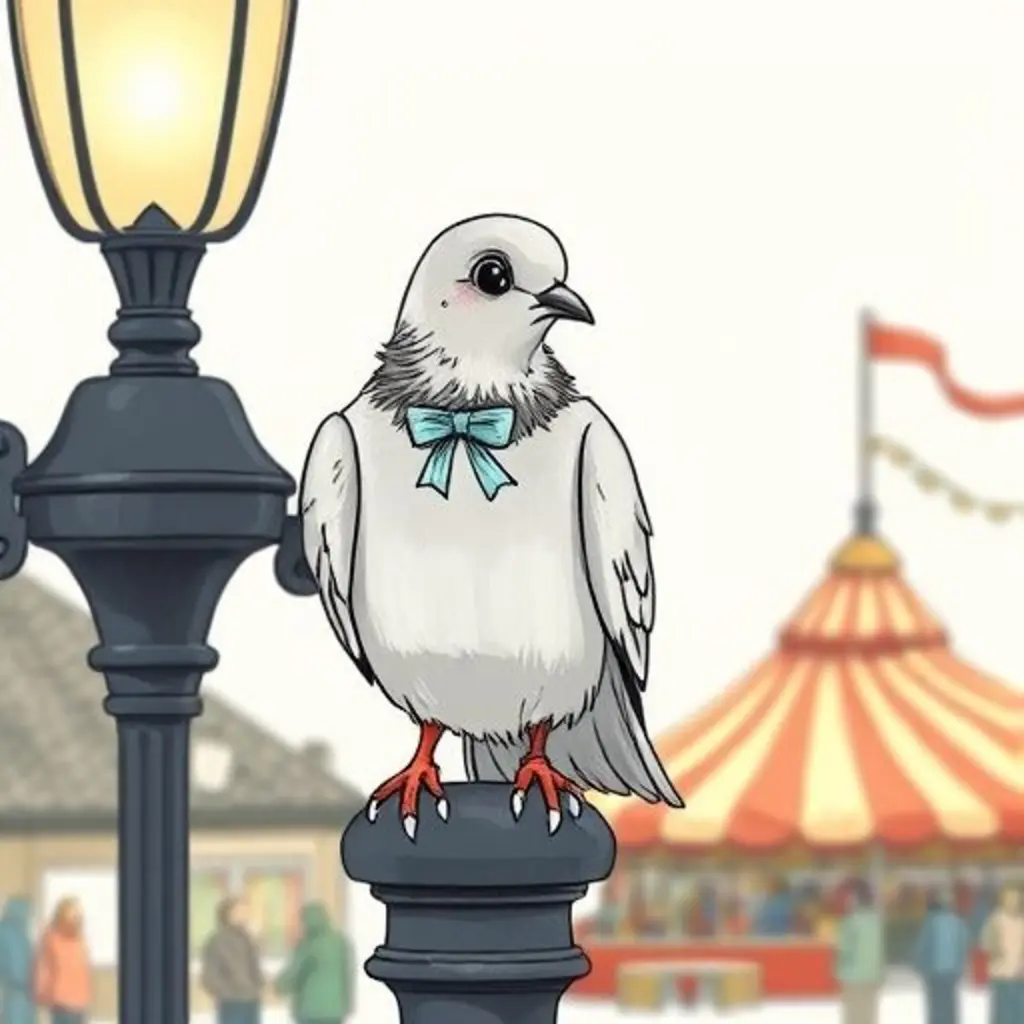 Pichona, una paloma gris, huele el aire en la feria con curiosidad.