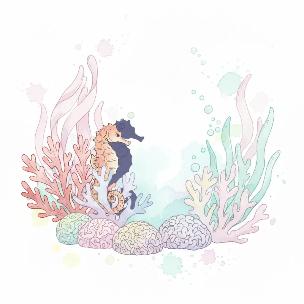 Una pequeña cola enroscada de color naranja asoma desde una planta marina roja, el resto está en sombras.