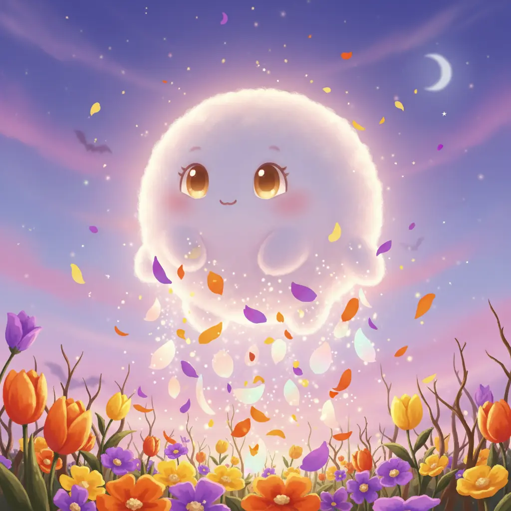 Nubecita Pétalo lloviendo pétalos de colores vibrantes sobre el jardín, que se transforma mágicamente con nuevas flores brillantes bajo el cielo de Halloween.