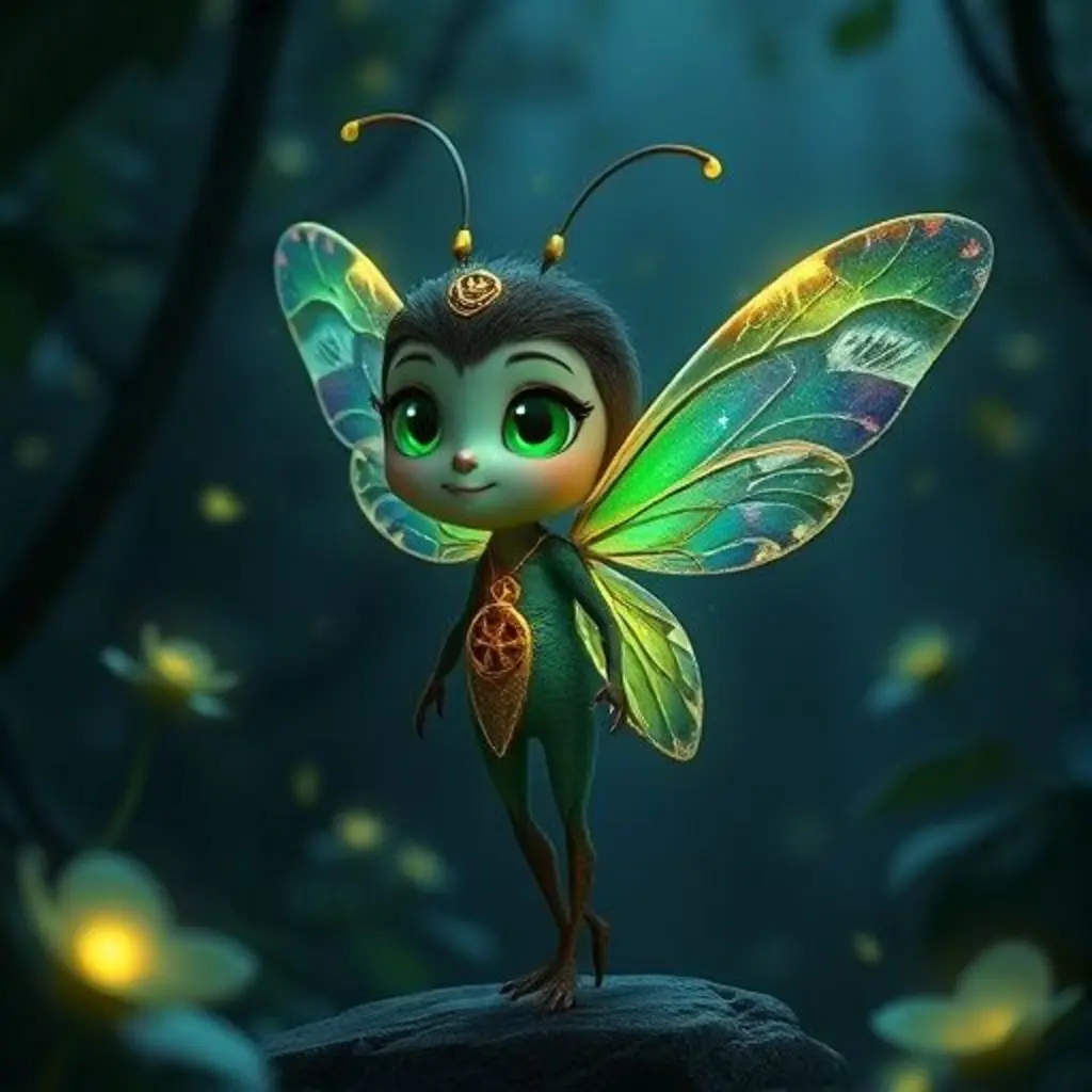 Lumi y Mora en un sendero oscuro. Las alas de Mora brillan, revelando un camino oculto.