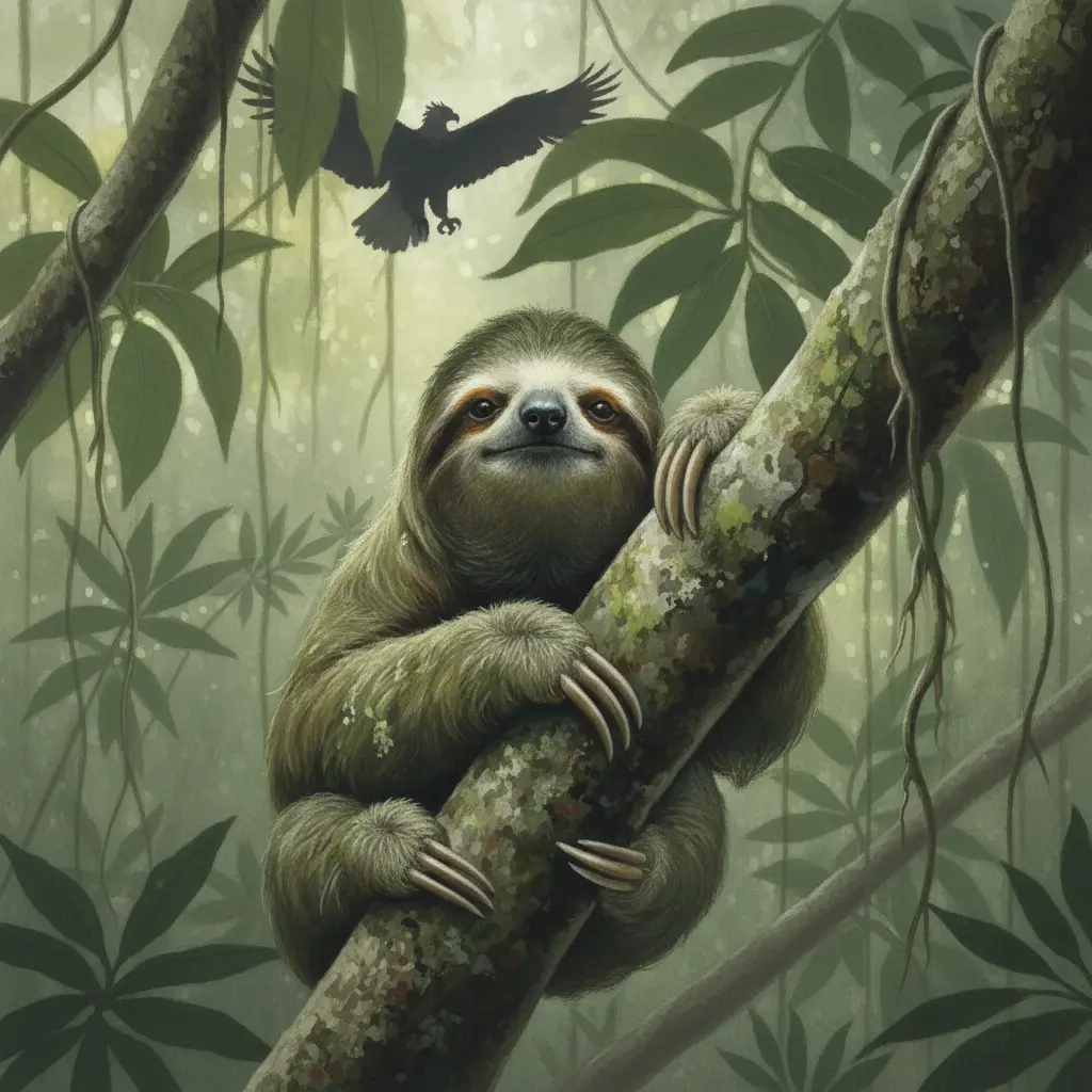 Lento el perezoso bajando por un tronco mientras una gran águila vuela muy alto sobre la selva.