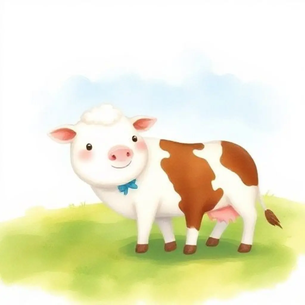 Nimbus flotando junto a una vaca amigable que pasta en un campo verde bajo un cielo azul.