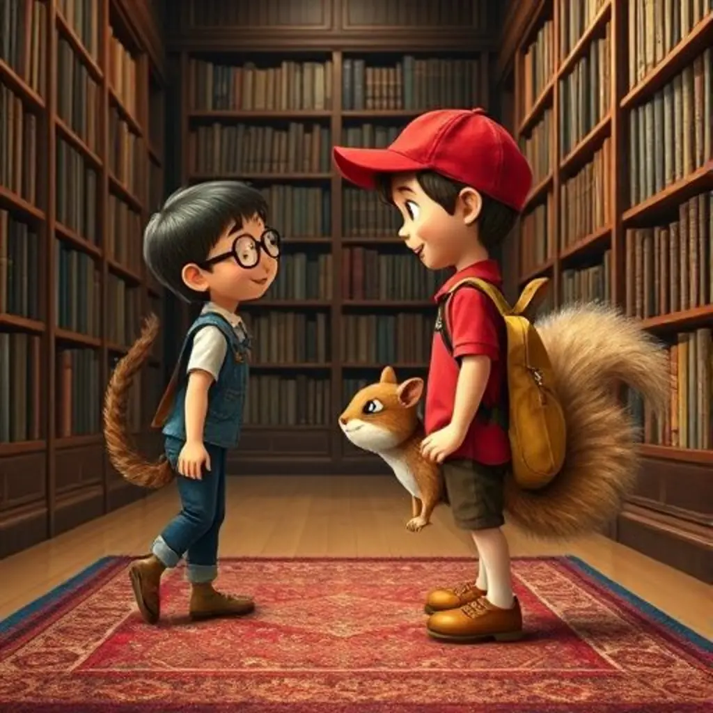 Leo y Chispa de vuelta en la biblioteca, sonriendo después de su aventura.