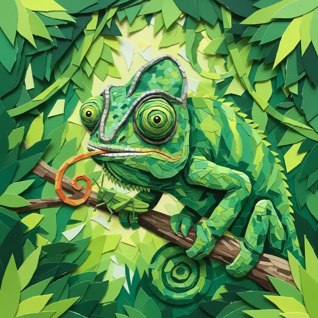 El camaleón enfoca sus dos ojos hacia adelante, mirando fijamente a un saltamontes.