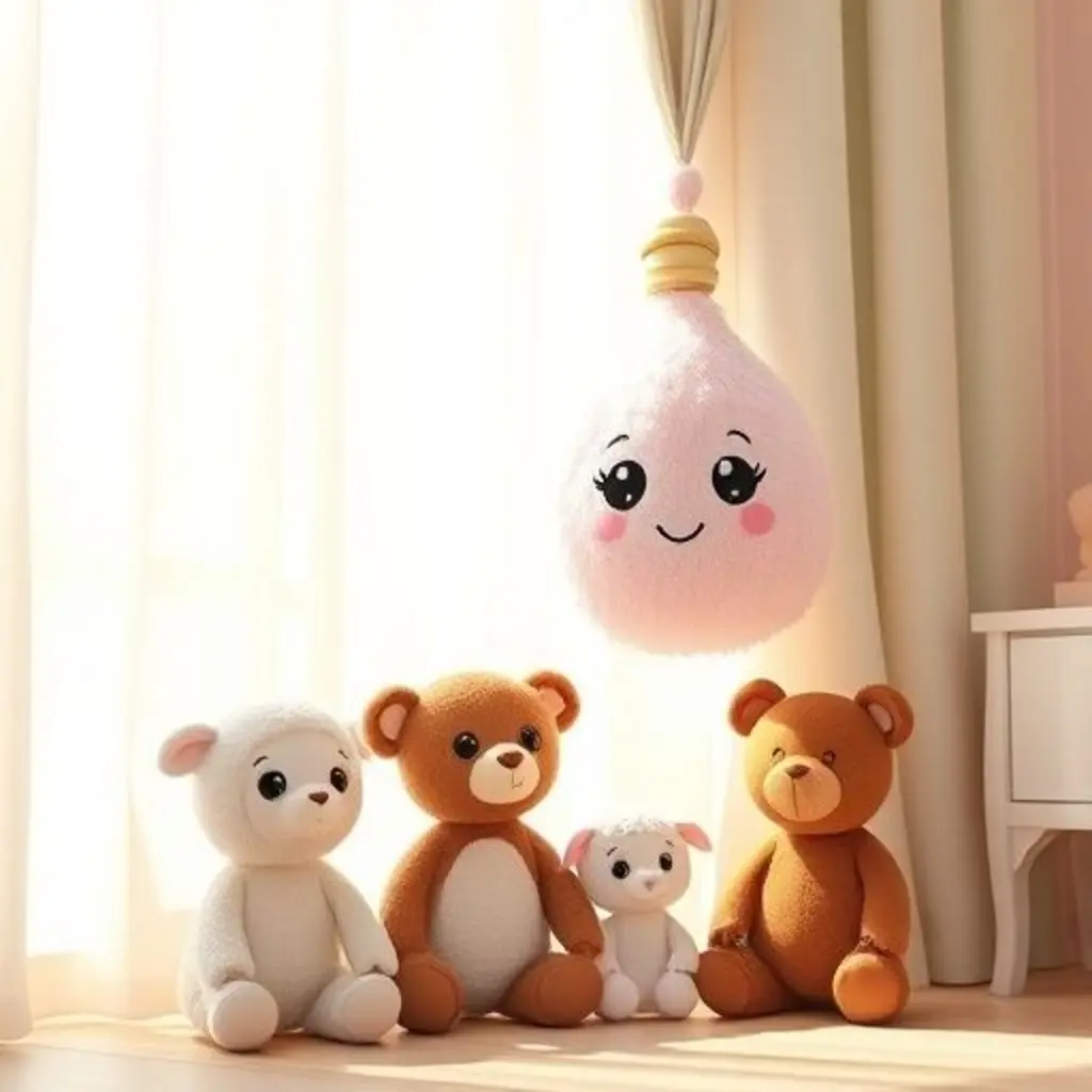 Fleco, un borlón de cortina, narra historias a juguetes como una ovejita y un osito.