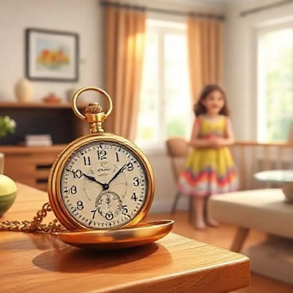 Reloj de bolsillo Tic-Tacio en una estantería, observando a Sofía jugar en la sala.