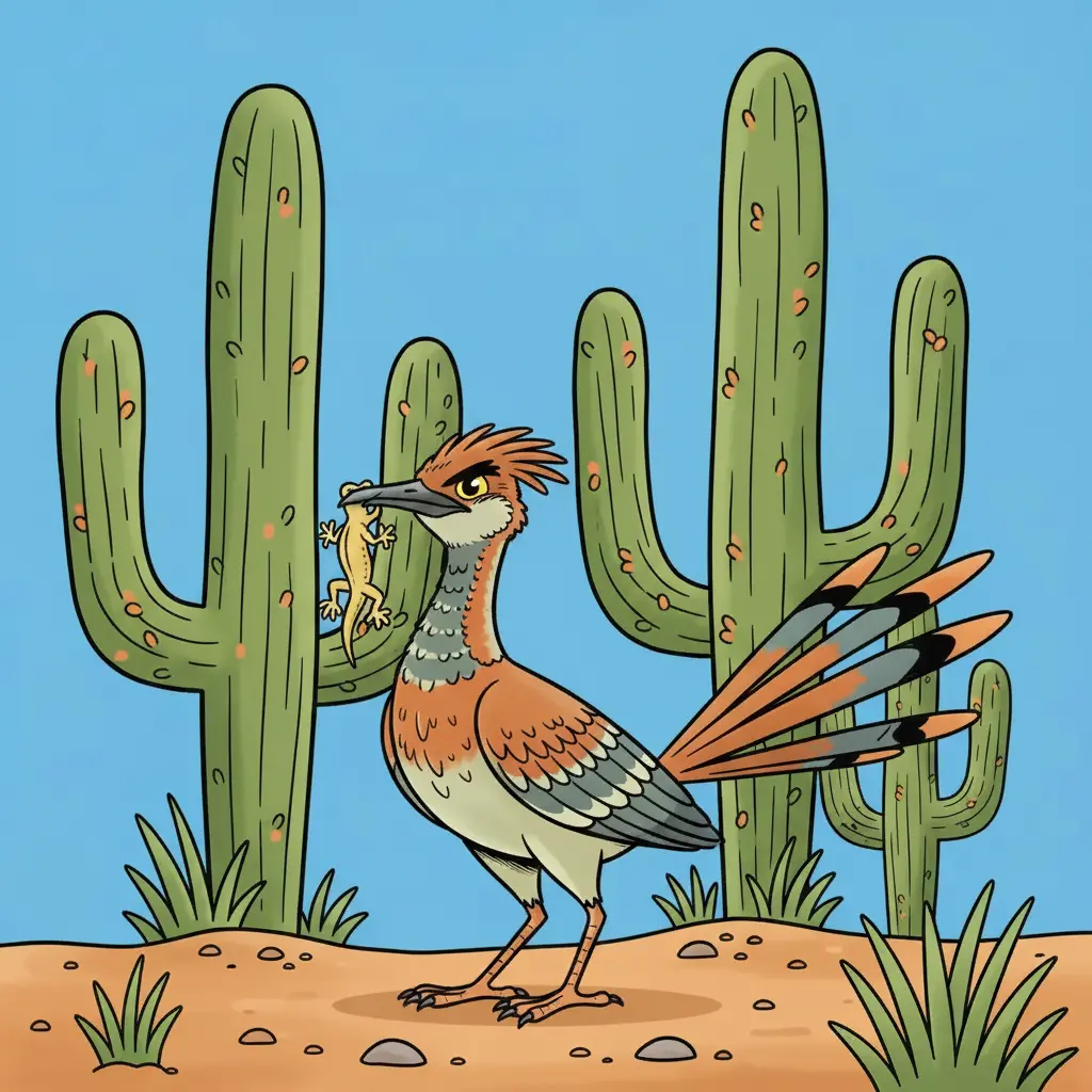 Primer plano del correcaminos con una pequeña presa en su pico tras la cacería.