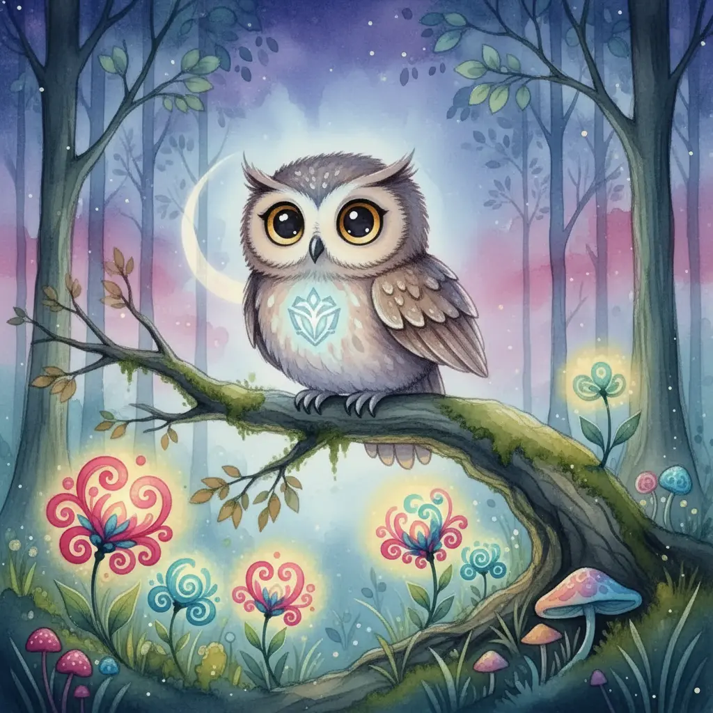 Plumerito, un búho pequeño y tierno, posado en una rama en un bosque tranquilo al anochecer.