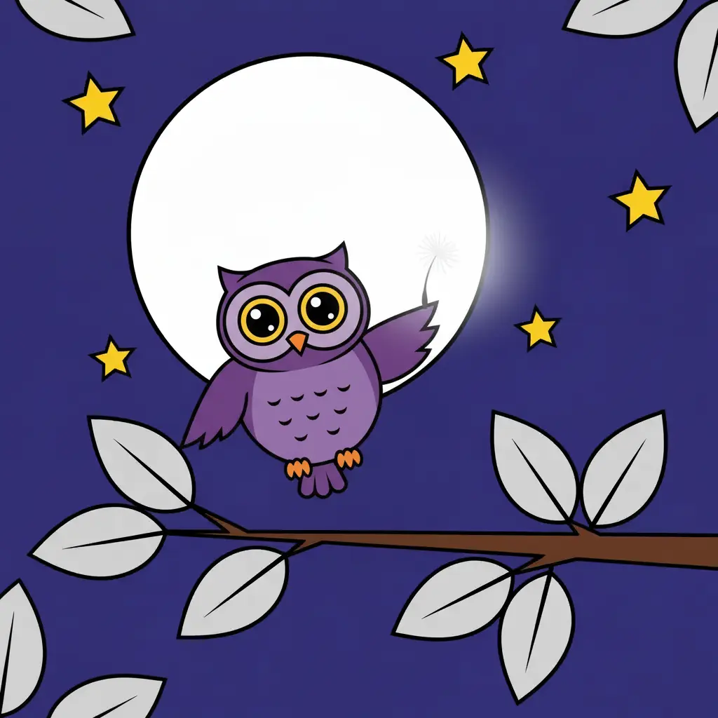 El búho flota en el aire atrapando una semilla brillante que parece un trozo de luna.