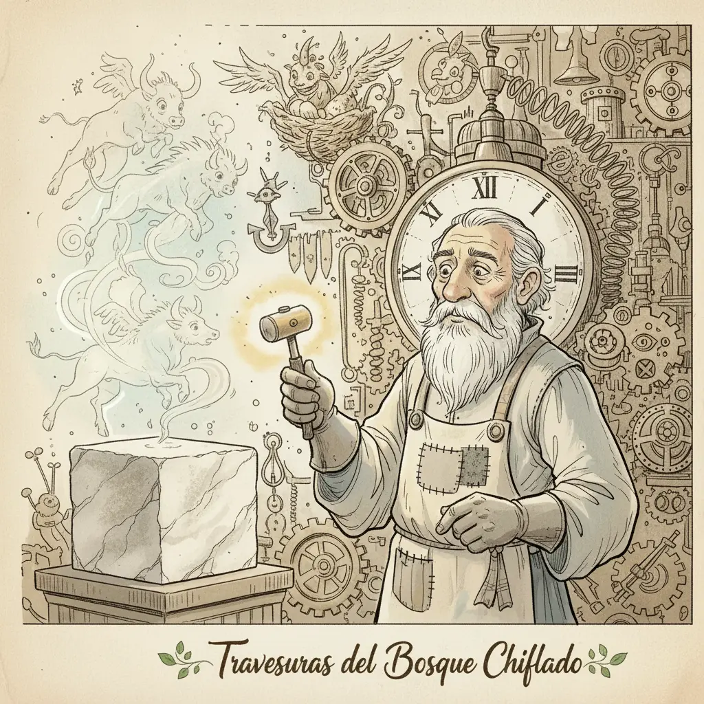 Figuras etéreas de minotauros y laberintos danzan al emerger del mármol, tocado por el martillo.