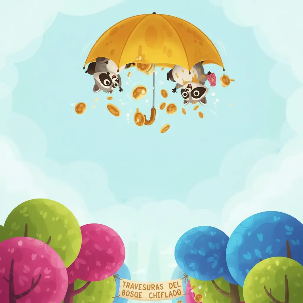 El paraguas vuela por el aire con los mapaches colgados.