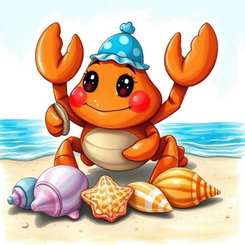Risitas el cangrejo escucha las melodías únicas de las caracolas de colores.