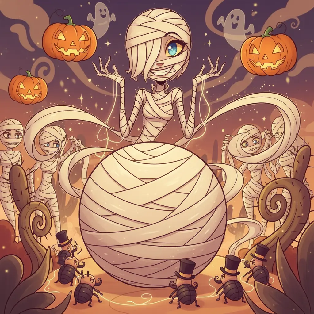 Escarabajos con sombreritos de gala envuelven a Momilina, quien luce un nuevo y divertido estilo de vendas desordenadas, mientras otras momias la imitan.