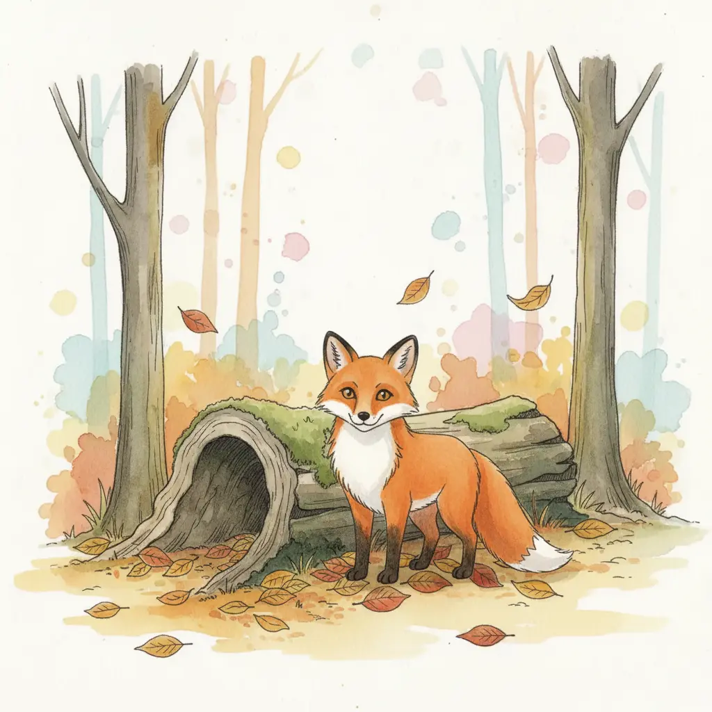 Un pequeño zorro naranja con el pecho blanco sale completamente de su escondite.