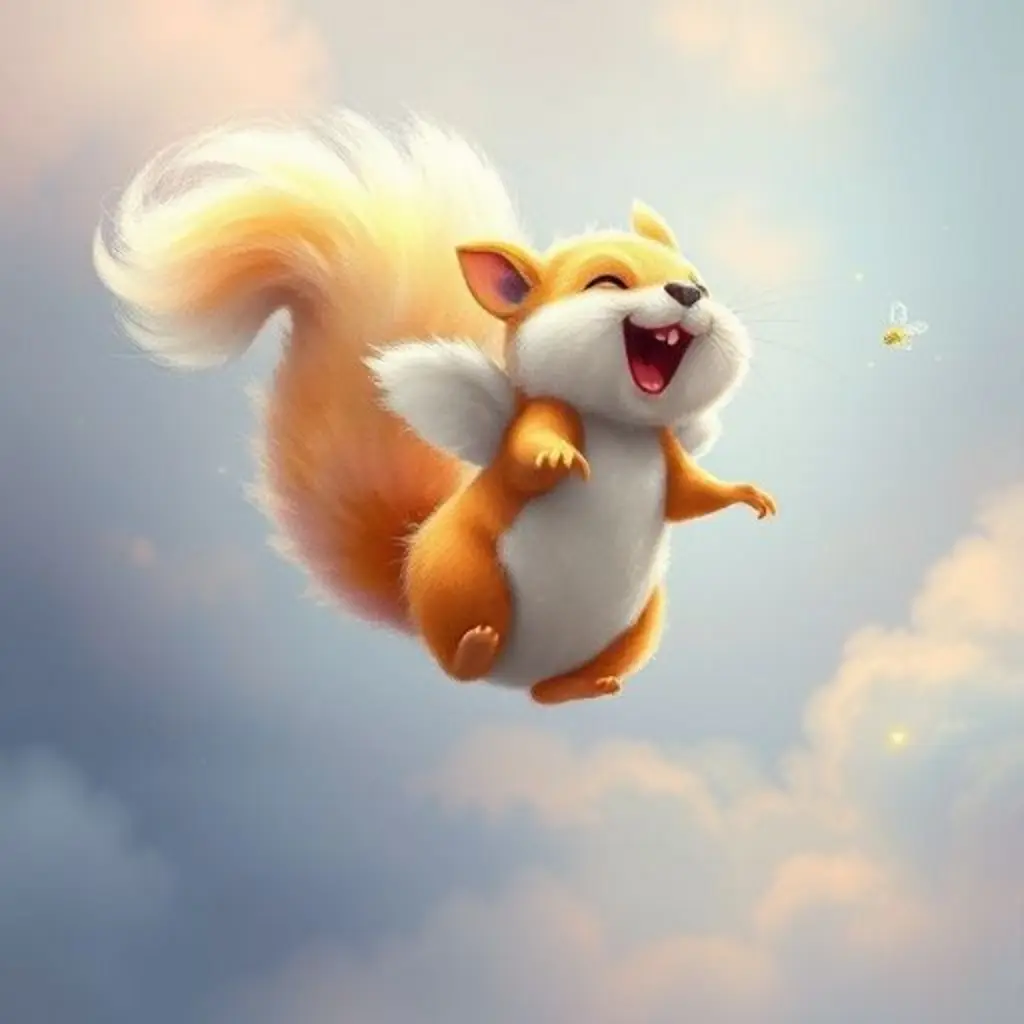 Pirito ríe mientras el viento lo impulsa, superando su miedo y dejando escapar nubes de arcoíris.