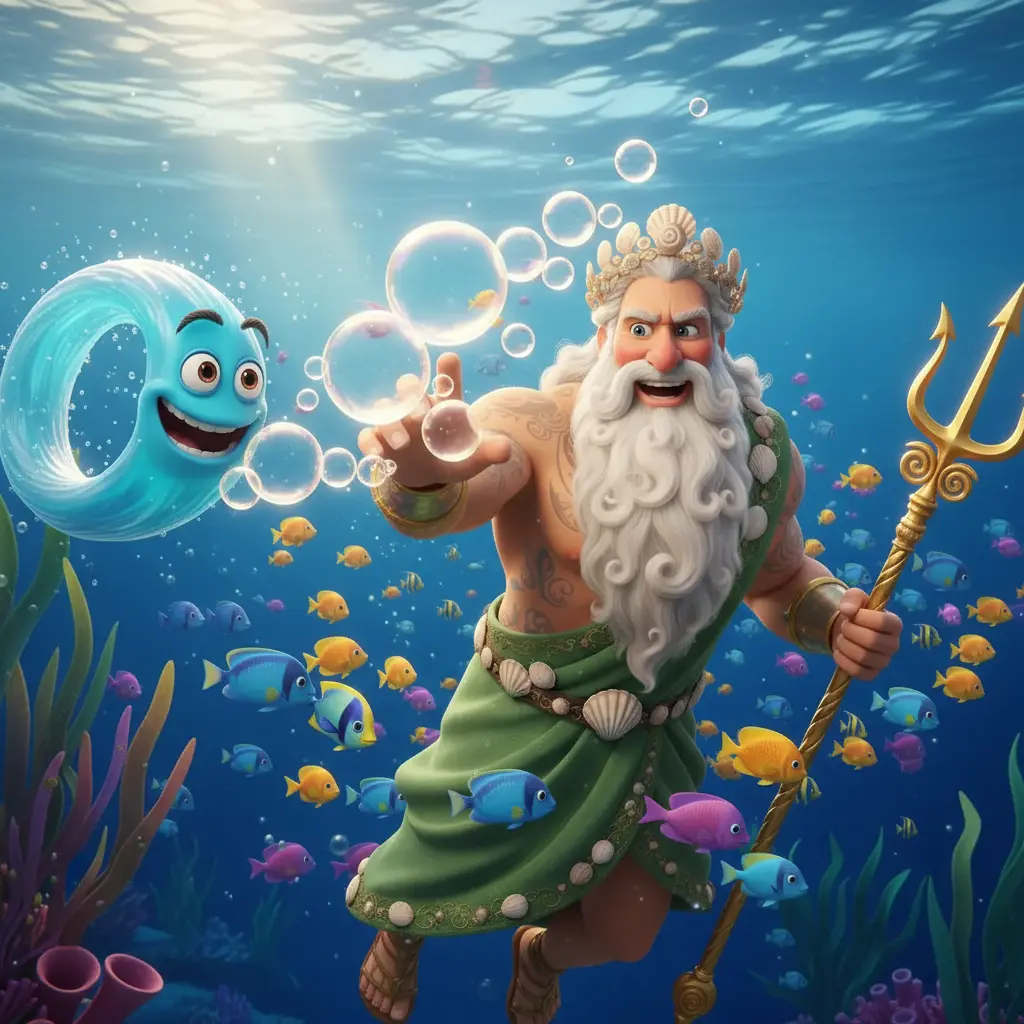 Poseidón sigue un rastro de burbujas brillantes que dejó la ola traviesa.