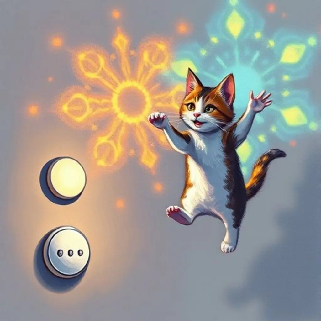 Miau el gato salta y juega con los patrones de luz que Botoncito crea en la pared.