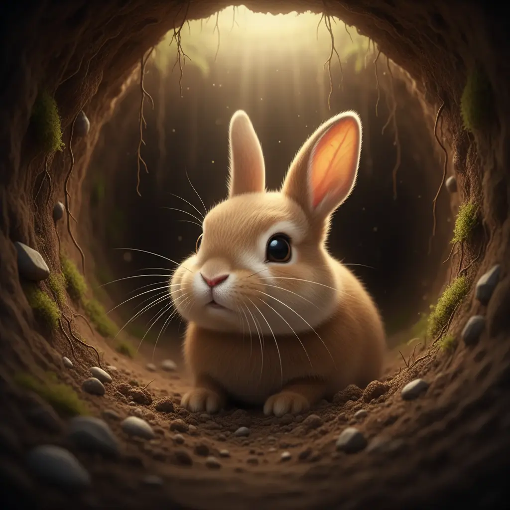 Saltador, el conejito, olfatea con su nariz rosada en el túnel subterráneo.