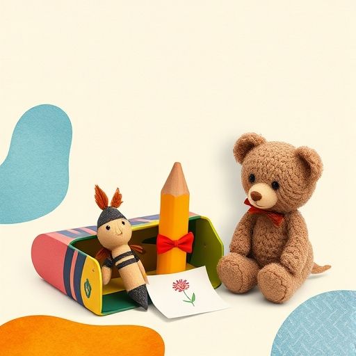 Un pequeño lápiz llamado Trazo se siente triste en una caja de colores, sus amigos juguetes lo miran con preocupación.