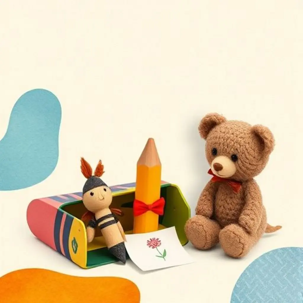 Un pequeño lápiz llamado Trazo se siente triste en una caja de colores, sus amigos juguetes lo miran con preocupación.