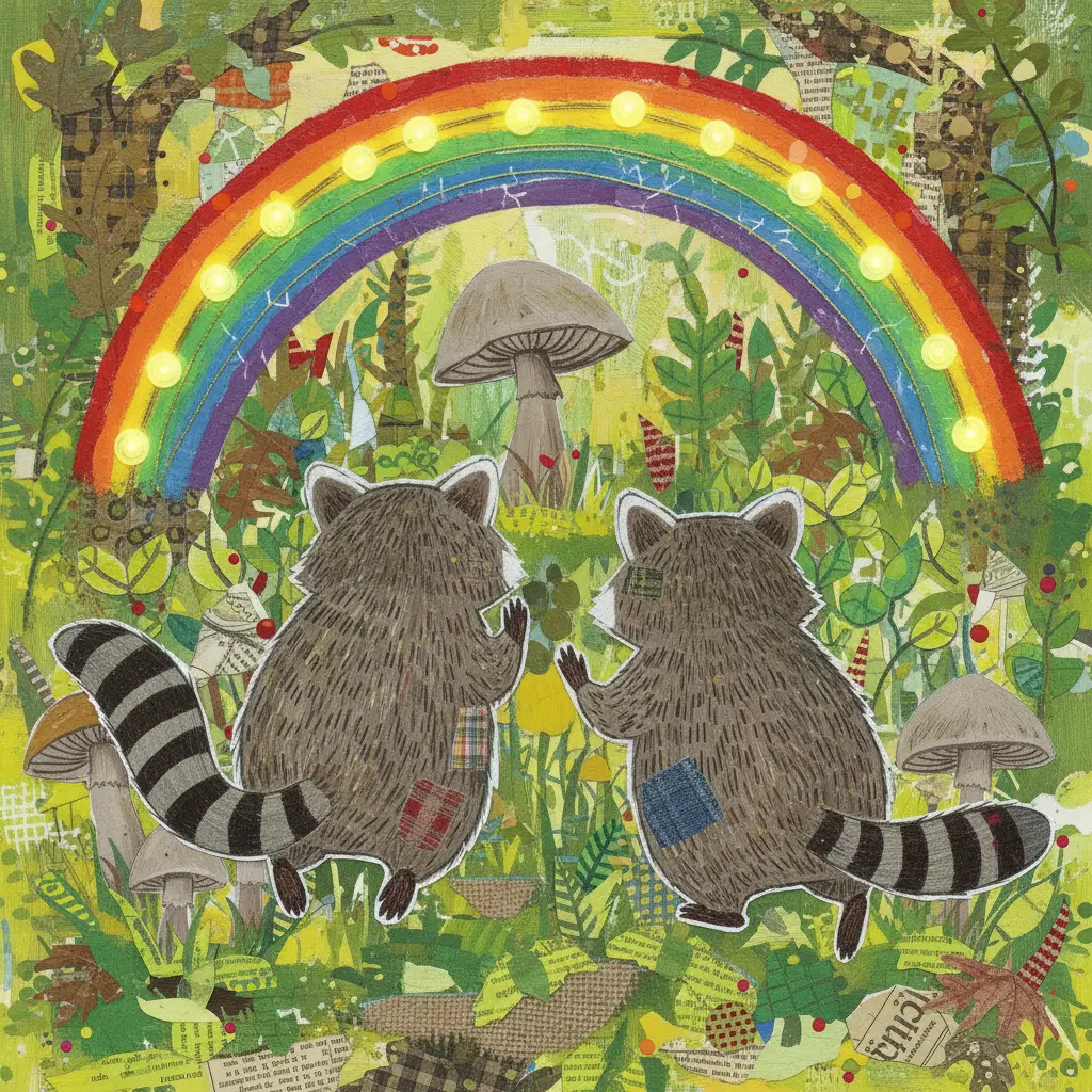 Los mapaches corren por el bosque, persiguiendo el arcoíris de luciérnagas.