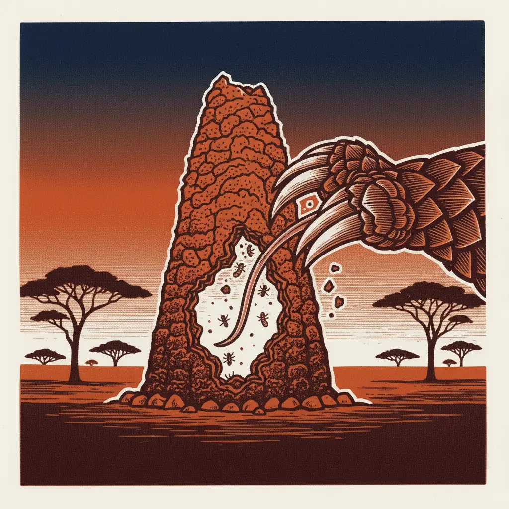 El pangolín rompiendo un hormiguero con sus garras fuertes.