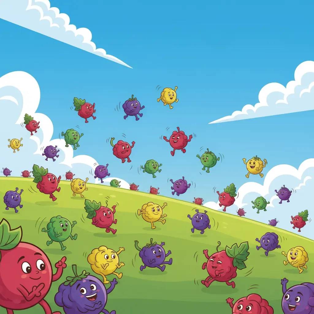 Uvas elásticas con caritas sonrientes empiezan a rodar y brincar por el monte.