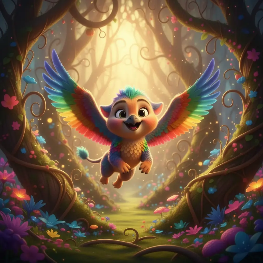 Un cachorro de grifo vuela por un bosque mágico donde los árboles se mueven.