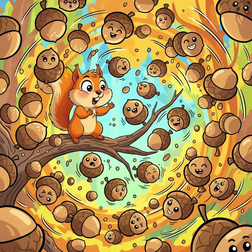 Una lluvia de bellotas rebota y baila por todo el bosque, llenándolo de color.