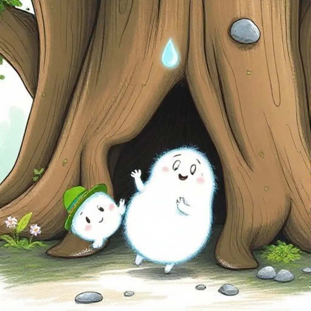 Coco rebota cómicamente en la raíz, intentando liberar a Brillito, quien lo mira divertido.