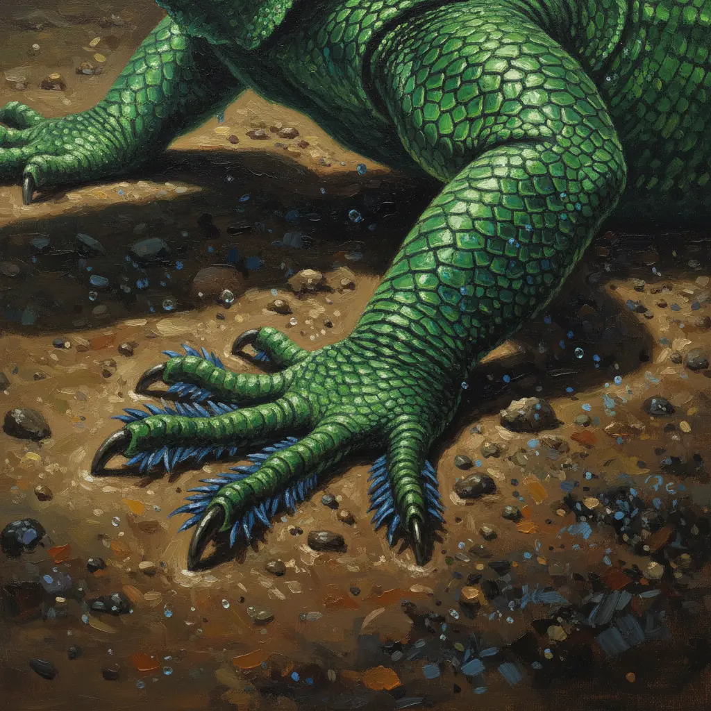 Primer plano de la pata trasera de un basilisco, mostrando los flecos de piel en sus largos dedos sobre el barro.