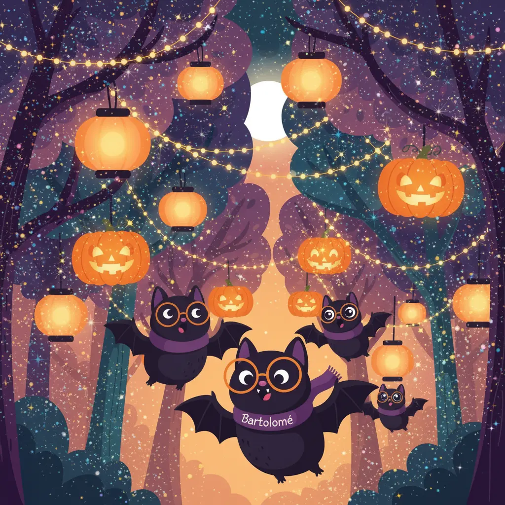 La familia de Bartolomé vuela asombrada en un bosque de Halloween lleno de luces de colores, y Bartolomé lleva gafas de sol.