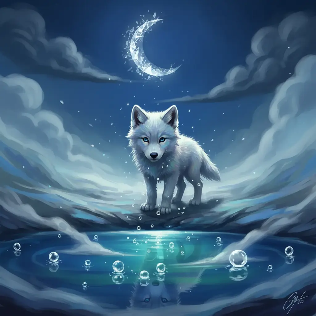 El lobito observa cómo el lago burbujea con una luz mágica, como si ocultara un tesoro brillante.