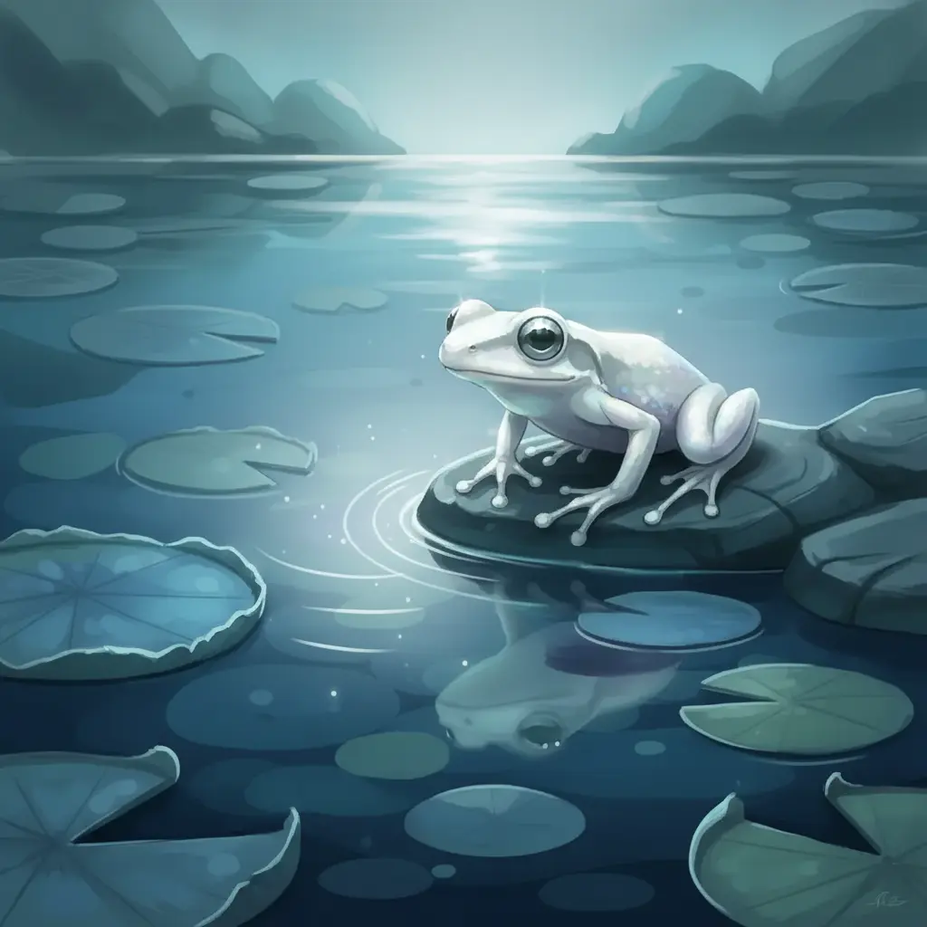 La ranita se queda muy quieta, sintiendo el silencio del lago a su alrededor.