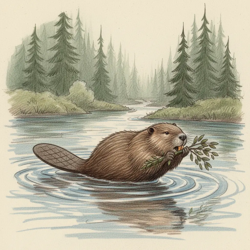 El castor nada en el río arrastrando una rama con hojas.