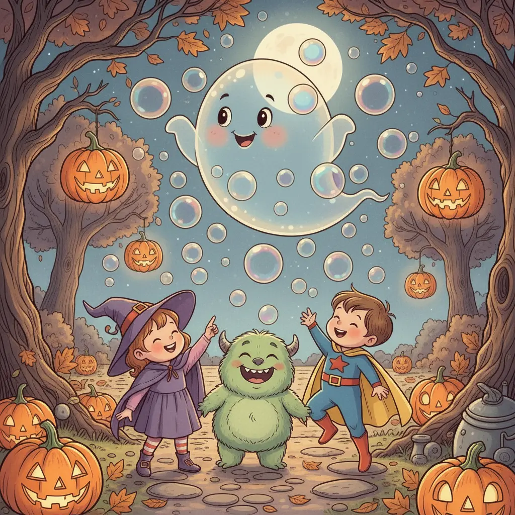 Gasparín se une a un grupo de niños en el parque que soplan burbujas gigantes. Él sopla suavemente una burbuja, y esta se vuelve más grande y brillante.