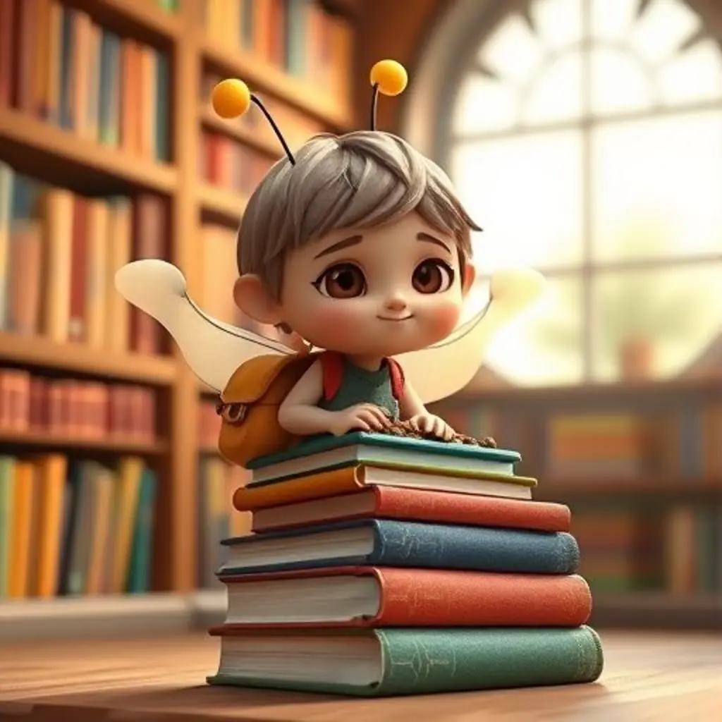 Tecorbellón, un duende de los libros, tropezando en una biblioteca acogedora.