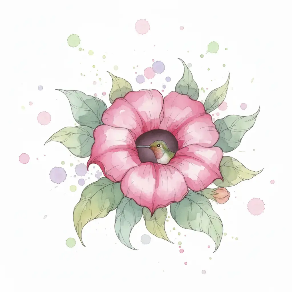 Un jardín con una gran flor fucsia y una sombra misteriosa que se oculta.