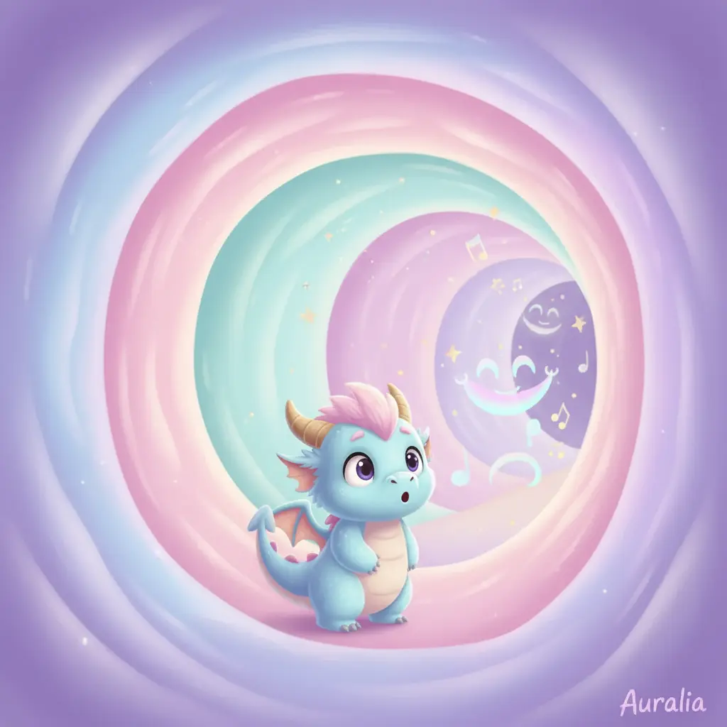 Chispita, el dragón, se encuentra desconcertado dentro de un pasaje curvo de la montaña. Su nube favorita ya no está. Pequeñas risitas parecen flotar en el aire, invisibles.