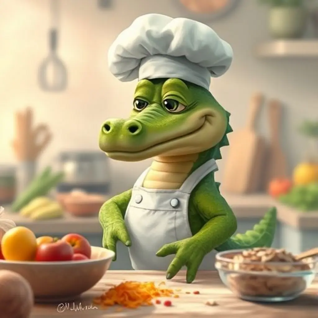 Croc, un cocodrilo chef, triste entre ingredientes desordenados.